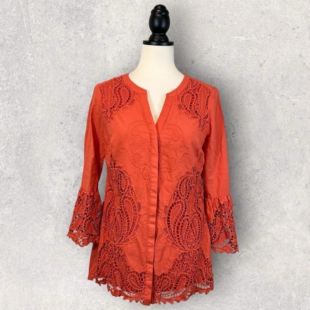 Chico’s Orange Button Up Shirt Lace Accent Bell Sleeve Size 0 US Size 4/6